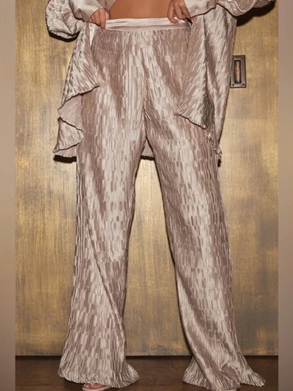 PrettyLittleThing OATMEAL PLISSE WIDE LEG PANTS USA 6